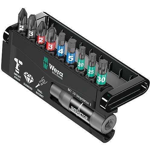 Kit embouts Impaktor Phillips, Pozidriv, Torx®,  six pans, avec porte-embouts IMP R avec aimant annulaire et jonc d'arrêt 1/4" x 75 mm, 10 pièces Standard 1