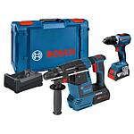 Kit d'outils sans fil BOSCH, 18 V, 2 pièces 
Composé d'une perceuse-visseuse, d'un perforateur-burineur, de 2 batteries de 5,0 Ah et d'un chargeur 