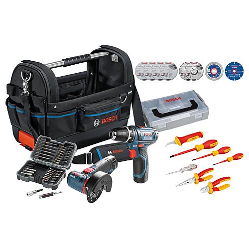 Promo Kit Sac de service Bosch avec Appareils sans fil, Jeu de batteries et Jeu d'embouts Standard 1