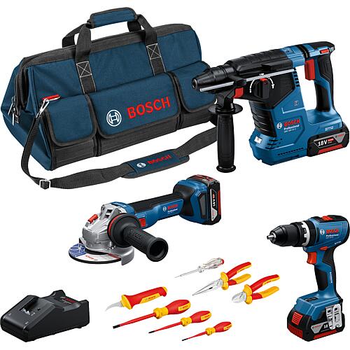 Jeu de batteries BOSCH 18 V, 3 pièces, 18 V avec 3 batteries 5,0 Ah, chargeur, Tournevis VDE et Pinces VDE Standard 1