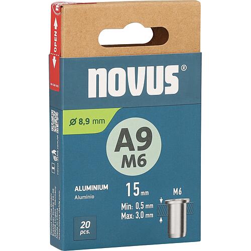 Écrous borgnes Novus type A9M6 alu 9 x 15,0 mm
Cond. = 20 Pièces Standard 1