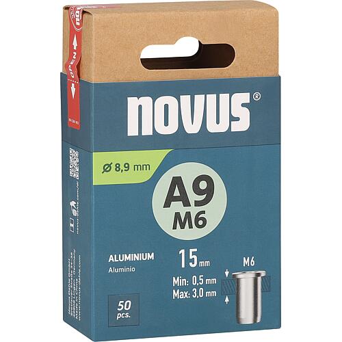 Écrous borgnes Novus type A9M6 alu 9 x 15,0 mm
Cond. = 50 Pièces Standard 1