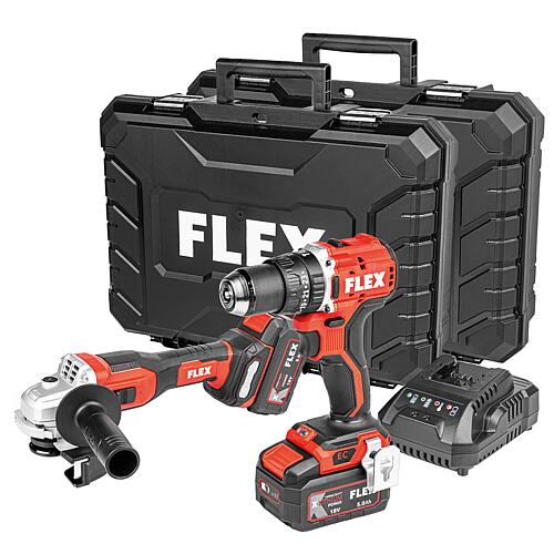 Kit d'outils sans fil FLEX, 18 V, 2 pièces 
Perceuse-visseuse à percussion sans fil et meuleuse d'angle avec 2 batteries de 5,0 Ah et un chargeur Standard 1