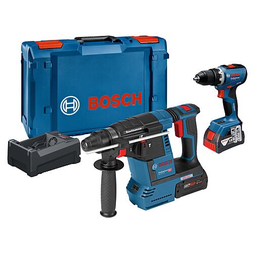 Kit d'outils sans fil BOSCH, 18 V, 2 pièces 
Composé d'une perceuse-visseuse, d'un perforateur-burineur, de 2 batteries de 5,0 Ah et d'un chargeur  Standard 1