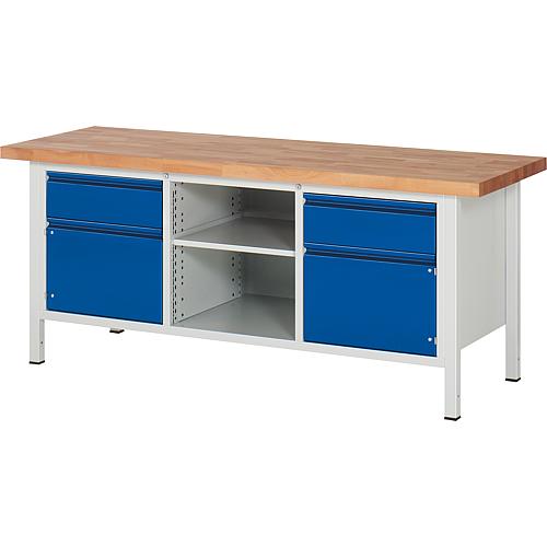 Etabli série BASIC-8 avec 2 tiroirs, 2 portes et compartiment de rangement et plan de travail en hêtre massif, 40 mm Standard 1