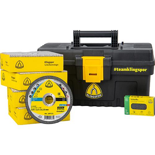 Kit de disques à tronçonner Klingspor A 46 TZ pour l'acier et l'acier inoxydable, Ø 125 x 22,23 x 1,6 mm, dans une boîte à outils, Cond. : 100 pièces
