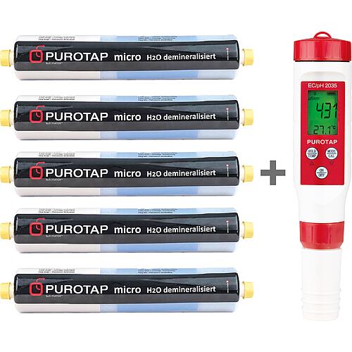 Paquet avantage 5 x cartouches d'échange de déminéralisation Purotap micro + Instruments de mesure combinés Purotap EC-pH 2035 Standard 1