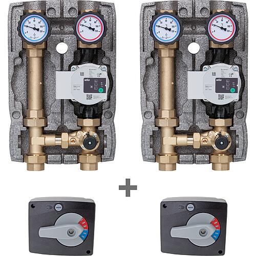Set d'action 2x Module hydraulique Easyflow DN 25 (1") avec vanne mélangeuse à 3 voies, Wilo Para 25/6 + 2x Servomoteurs Easyflow Standard 1