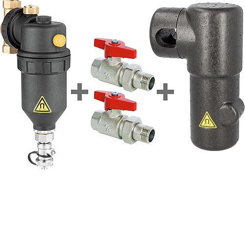 Kit complet 1x Séparateur à boisseau sphérique et désemboueur DN 25 (1") + 2x Robinet à boisseau sphérique + 1x Isolation thermique