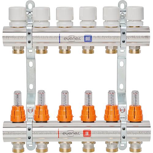 Collecteur de chauffage Evenes type M6.6, DN25(1") laiton, 6 circuits de chauffage, a. débitmètre