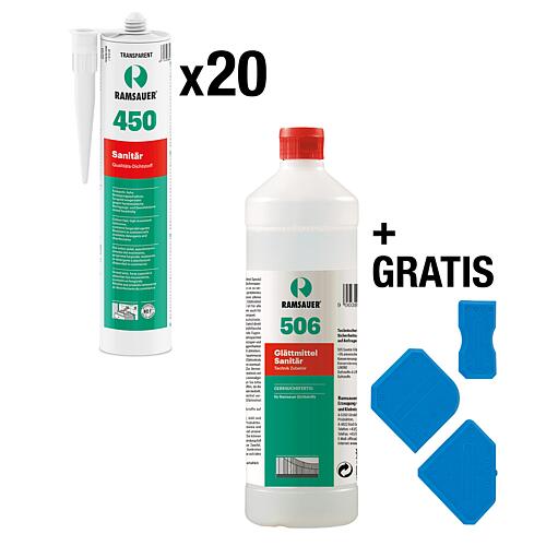 Kit de silicone sanitaire transparent RAMSAUER 450, 20 pièces + agent lissant et kit de lissage des joints OFFERTS Standard 1