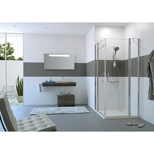 Cabine de douche d'angle Hüppe Classics 2, 2 portes battantes et 2 parois fixes en verre avec 2 barres de stabilisation Standard 1