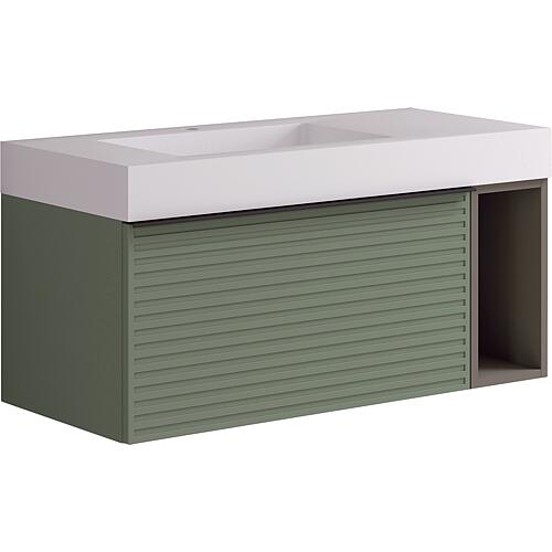 Kit de meubles de salle de bains Blies vert sauge avec miroir LED, étagère ouverte et vasque