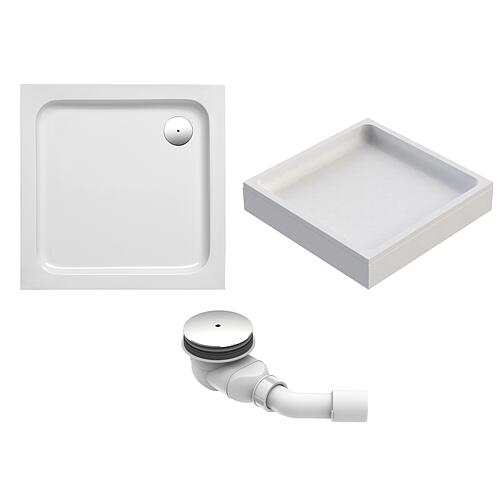 Ensemble de receveur de douche Verdon carré 800 x 800 x 60 mm, acrylique blanc, avec support de receveur et Garniture d'écoulement chromée
