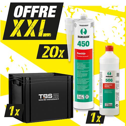 Offre XXL Silicone sanitaire RAMSAUER 450 blanc
20 cartouches + produit de lissage, y compris Mallette de transport TBS France, 22 pièces Standard 1