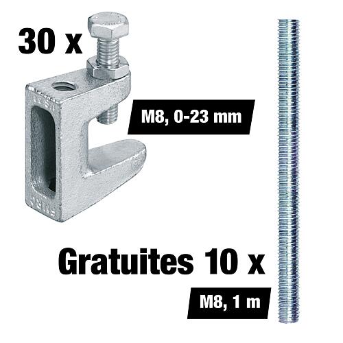 Lot avantageux d'Attaches de fixation M8, plage de serrage 0-23 mm, 30 pièces + Tiges filetées M8 gratuites, 1 m, 10 pièces